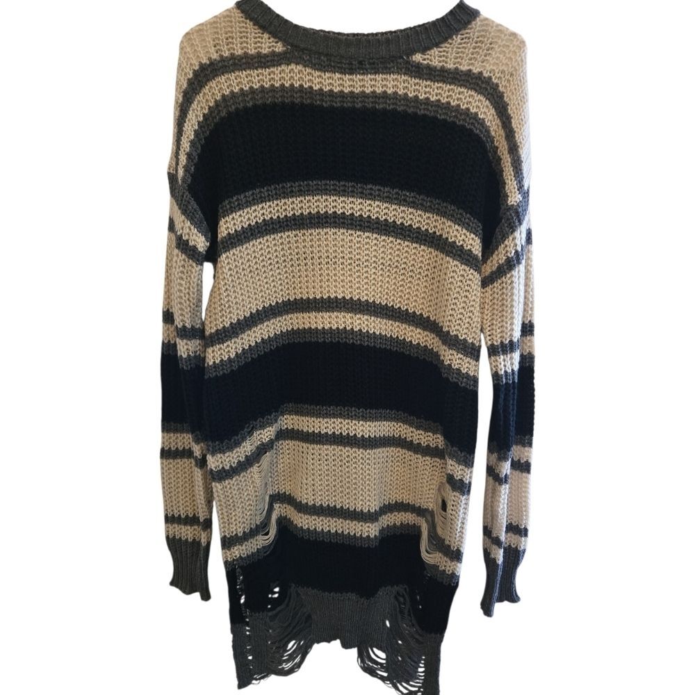Cozy Striped Knit Distressed Sweater - Black and Tan SIZE SM